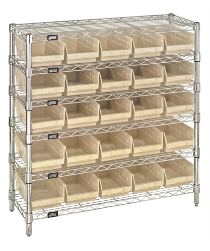 Quantum Storage Systems WR6-36-1236-102IV 6-Tier Complete Wire Shelving System with 25 QSB102 Ivory Economy Shelf Bins, Chrome Finish, 36" Height x 36" Width x 12" Depth