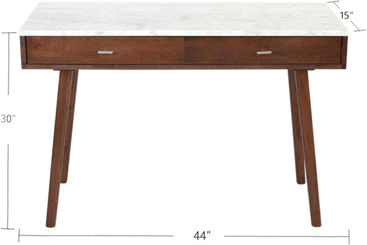 Bianco Contemporary Durable Viola Italian Carrara White Marble Writing Desk with Storage & Walnut Legs - 44", Rectangular