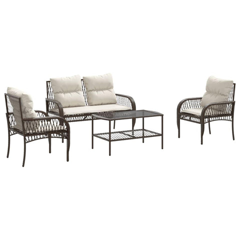 vidaXL 4 Piece Patio Sofa Set with Cushions - Brown Rattan, Cream Cushions, Tempered Glass Table, Versatile Outdoor Lounge Furniture for Garden, Terrace, Deck, or Backyard