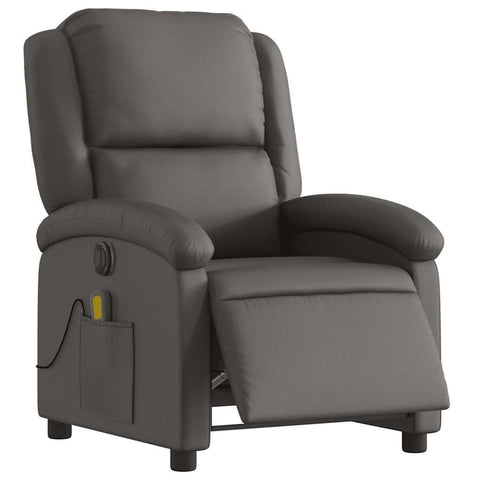 vidaXL Electric Massage Recliner Chair - Gray Real Leather, Wingback Armchair with Automated Reclining and Vibration Massage Functions, Comfortable Foam Padding, Convenient Side Pocket