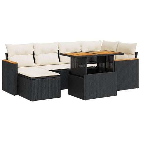 vidaXL 7 Piece Patio Sofa Set with Cushions Black Poly Rattan Acacia, Garden Sofa Set, Garden Lounge Set, Poly Rattan Sofa Set, Outdoor Sofa Set