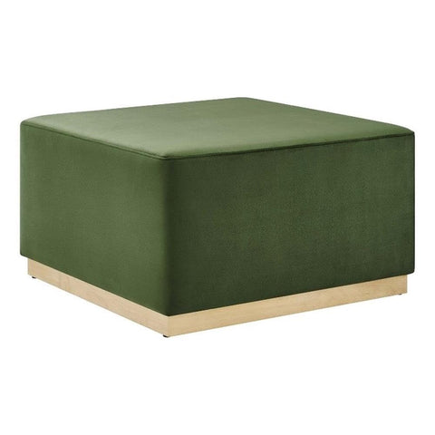 Modway Tilden 28 Inch Square Performance Velvet Upholstered Ottoman in Moss Green Natural - Large Ottoman Foot Rest with Rubberwood Plinth Base, Living Room Ottoman Coffee Table - Velvet Ottoman Table