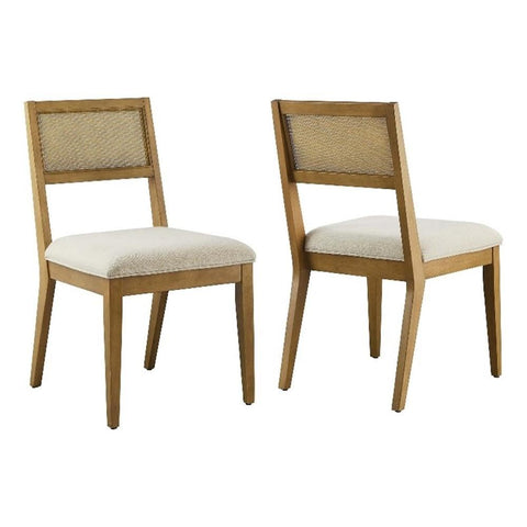 Modway Nimba Set of 2 Wood Dining Chairs in Heathered Weave Ivory - Upholstered Kitchen Chairs with Faux Rattan Back and Woven Heathered Fabric Seat - Armless Accent Side Chairs