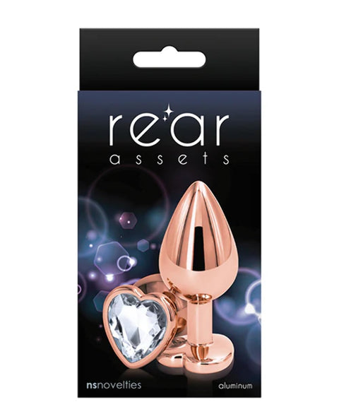Rear Assets Anal Butt Plug - Rose Gold - Medium - Heart-Shaped (Clear Jewel)