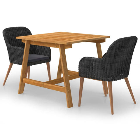 vidaXL Patio Dining Set 3 Piece, Outdoor Dining Table Set with Wood Tabletop, Rattan Chairs with Cushions, Conversation Set, Farmhouse Modern, Black