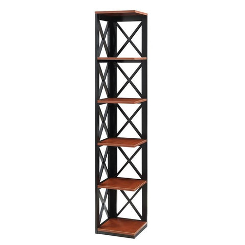 Convenience Concepts Oxford Corner Bookcase 12" - 5-Tier Slim Farmhouse Bookcase for Modern Living & Family Room, Media Storage Organizer for Home Office Library, Tall Shelving Unit, Cherry/Black