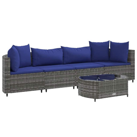 vidaXL 5 Piece Patio Sofa Set - Gray Poly Rattan Garden Lounge with Cushions & Glass Table for Outdoor, Deck, Garden, Patio