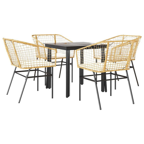 vidaXL 5-Piece Patio Dining Set - Brown Poly Rattan/Steel Frame, Cream Cushions, Tempered Glass Table - Outdoor/Garden/Patio Furniture
