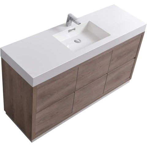 Oakestry Bliss 60 Inch Butternut Single Sink Floor Mount Modern Bathroom Vanity Freestanding Waterproof Marine Wood with Reinforced Acrylic Sink and Push-Open Drawers