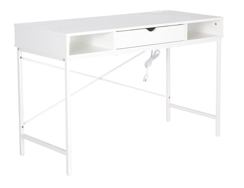 JJS 48' Writing Desk with Power Outlet, Home Office Contemporary Large Computer Desk Laptop Workstation with Drawer USB Ports Charging Station, White