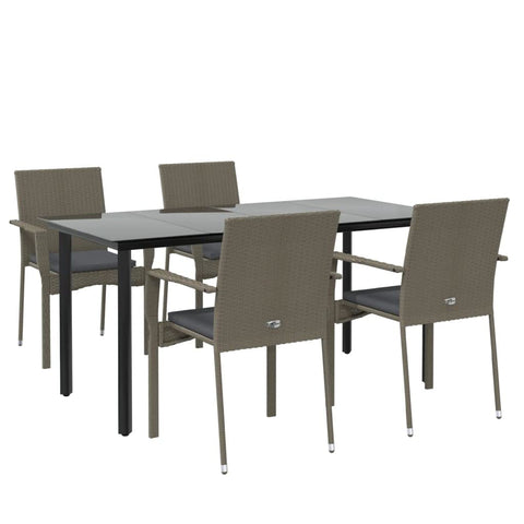 vidaXL 5-Piece Black and Gray Patio Dining Set with Cushions - Weather- Poly Rattan - Powder-Coated Steel Frame - Tempered Glass Tabletop - Comfortable Garden Chairs - Easy to Assemble