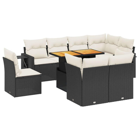 vidaXL 9 Piece Garden Sofa Set with Cushions Black and Cream UV Resistant Modular Outdoor Seating for 8 People Perfect Patios Terraces Balconies Patio Furniture Sectional Poly Rattan Lounge