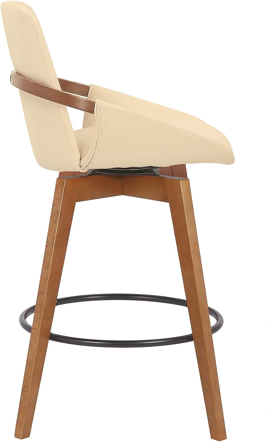 Armen Living Baylor Swivel Wood Bar or Counter Height Stool in Faux Leather, Cream/Walnut, 26" Counter Height