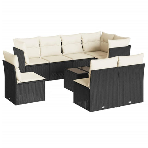 vidaXL Patio Sofa Set with Cushions 9 Piece, Sectional Sofa with Glass Table, Outdoor Conversation Set, Modern Style, Black Poly Rattan
