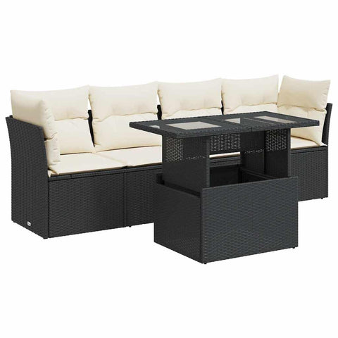 vidaXL 5 Piece Patio Sofa Set with Cushions Black Poly Rattan, Garden Sofa Set, Garden Lounge Set, Sofa for Garden, Outdoor Sofa Set