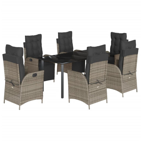 vidaXL 5 Piece Patio Dining Set with Cushions Gray Poly Rattan - Outdoor Garden & Backyard Dining Set - Adjustable Reclining Chairs - Tempered Glass Tabletop