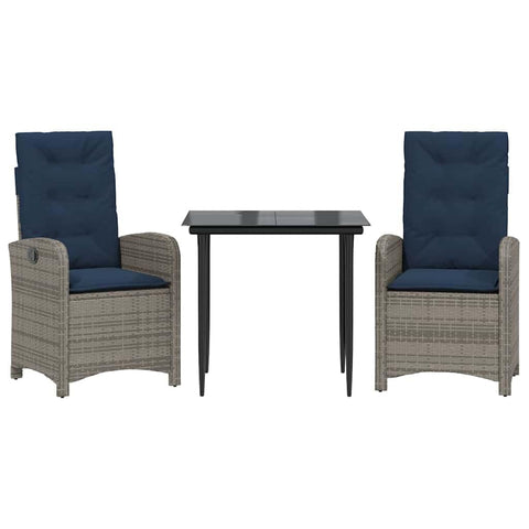 vidaXL 3Pc Patio Dining Set-Adjustable Poly Rattan Reclining Chairs-Navy Cushions-Tempered Glass Table-Indoor/Outdoor Furniture for Garden, Deck