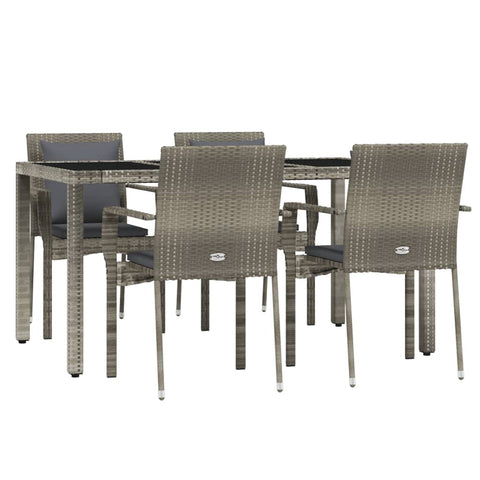 vidaXL Modern Patio Dining Set - 5 Pieces; Gray Poly Rattan Outdoor Lounge Set with Cushions; Easy-to-Clean Tempered Glass Tabletop; Comfortable and Stylish for Garden and Patio