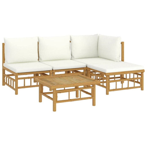 vidaXL 5-piece Bamboo Patio Lounge Set, Cream White Cushions, with Sturdy Table for Outdoor, Garden, Backyard Living â€“ Modular & Weather- Design