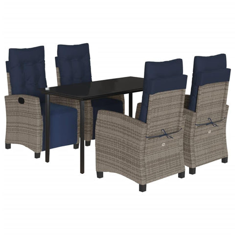 vidaXL 5-Piece Patio Dining Set - Gray PE Rattan with Tempered Glass Table Top & Adjustable Chairs, Navy Cushions
