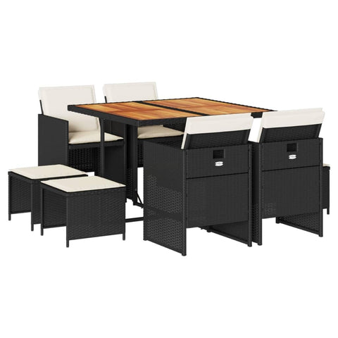 vidaXL Garden Dining Set 9 Pieces with Cushions Black Polyrattan
