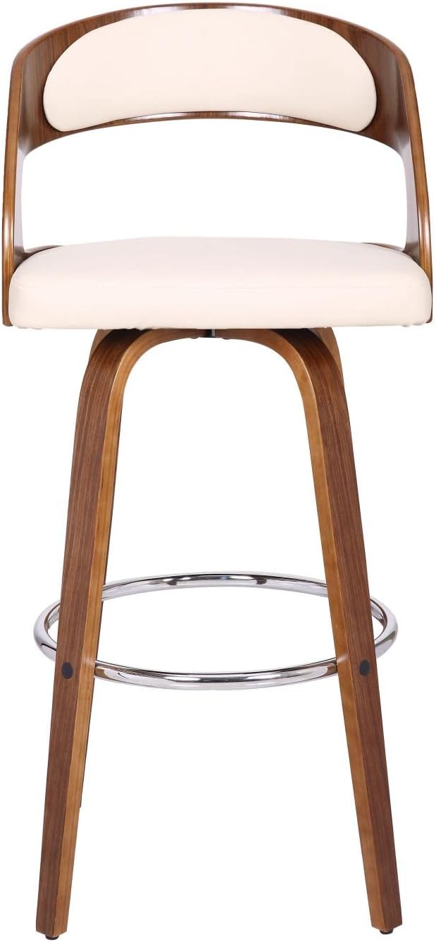 Armen Living Shelly Contemporary 30" Bar Height Swivel Barstool in Walnut Wood Finish and Cream Faux Leather