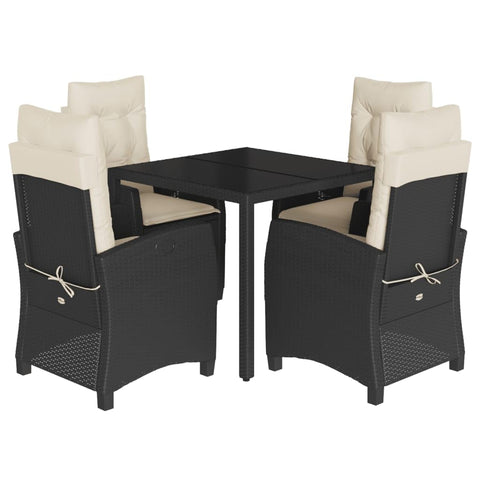 vidaXL 5 Piece Patio Dining Set - Adjustable Recliner Chairs with Cushions - Black Poly Rattan Outdoor Furniture for Garden, Backyard, Patio - Tempered Glass Table
