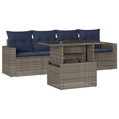 vidaXL Patio Sofa Set with Cushions 5 Piece, Conversation Set with Table and Sectional Sofas, Outdoor Seat for Garden, Modern, Gray Poly Rattan