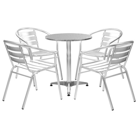 vidaXL Aluminum Silver 5 Piece Outdoor Patio Dining Set â€“ Weather and Easy to Clean Stackable Chairs with Round Table
