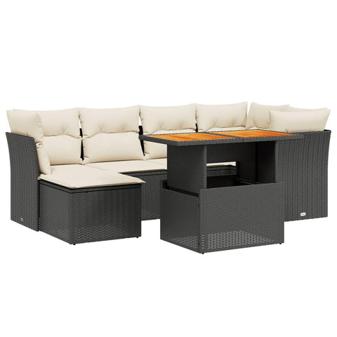vidaXL 7 Piece Garden Sofa Set with Cushions | Adjustable Height Black & Cream Poly Rattan Solid Acacia Wood Comfortable Outdoor Seating Durable Weather Resistant Ideal for Patio Modular Furniture