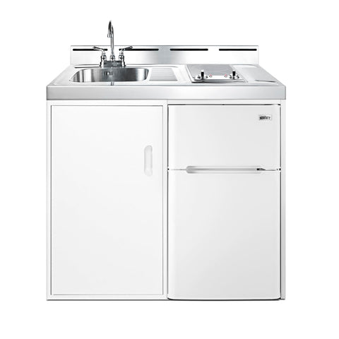 Summit 39" Wide All-In-One Kitchenette, 2-Door Refrigerator-Freezer, 2-Burner Smoothtop Cooktop, Sink, Storage, White- C39ELGLASS
