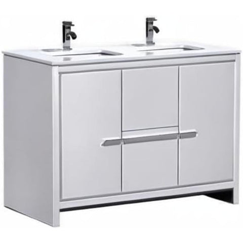 Oakestry Dolce 48 Inch Double Sink Freestanding Modern Bathroom Vanity in High Gloss White with White Quartz Countertop Undermount Sinks and Soft Close Drawers