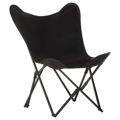 vidaXL - Black Foldable Butterfly Chair, Ergonomically Designed with Genuine Leather Seat and Durable Powder-Coated Iron Frame