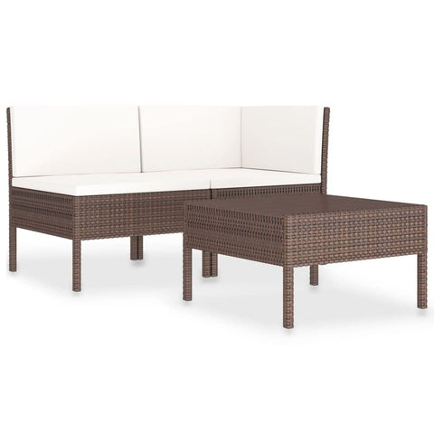 vidaXL Patio Furniture Set 3 Piece, Patio Conversation Set with Cushions, Outdoor Sectional Sofa with Coffee Table for Garden, Poly Rattan Brown