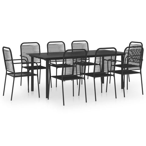 vidaXL 9-Piece Retro Patio Dining Set - Powder-Coated Steel Frame, Black Glass Tabletop, UV- Cotton Rope Chairs
