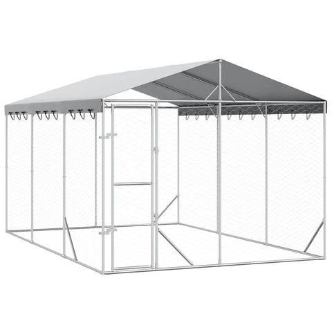 vidaxl Outdoor Dog Kennel - Large Galvanized Steel Enclosure with roof - 9.8'x14.8'x8.2' - Lockable, Silver, Multi-Animal use