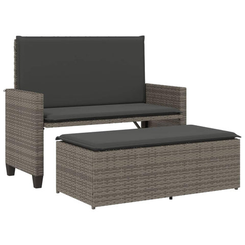 vidaXL 2-Seater Garden Bench with Cushions and Footstool - Grey Poly Rattan Outdoor Furniture, Converts to Sofa Bed, Weather Resistant