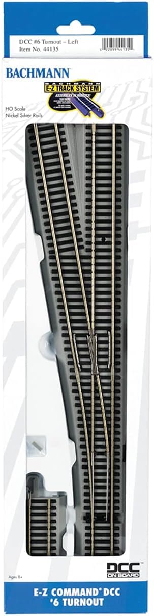 Bachmann Trains - E-Z COMMAND DCC EQUIPPED No.6 TURNOUT – LEFT - NICKEL SILVER E-Z TRACK With Grey Roadbed - HO Scale,44135