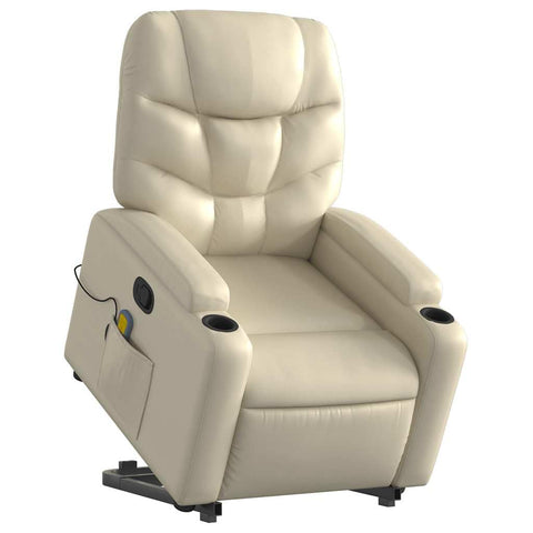 vidaXL Cream Faux Leather Power Lift Massage Recliner | Electric Standing Armchair for Elderly with Cup Holders and USB