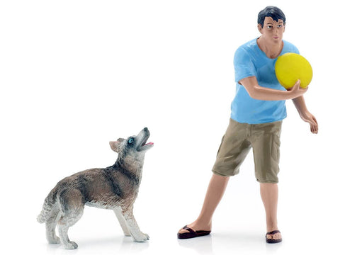 American Diorama 23889 Figurine Man/Dog 1:18 Scale Blue/Yellow/Green
