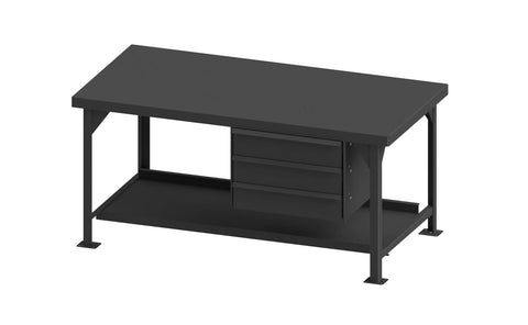 Extra Heavy Duty Workbench 72 x 36 3/16 Inch Steel Top with Angle Iron Frame Bottom Shelf with Back Stop 3 Drawers 12000 lbs. Capacity Gray