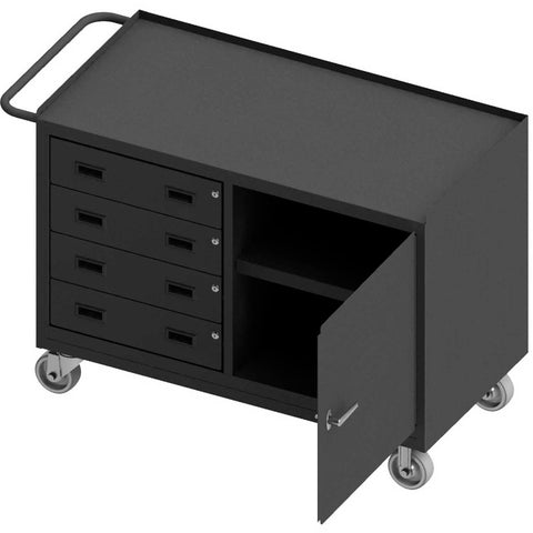 Mobile Bench Cabinet With 5 Inch X 2 Inch Polyurethane Casters (2) Rigid And (2) Swivel 2 Shelves In Storage Area With 1 Door 4 Drawers Steel Top Work Surface With Tubular Push Handle Gray