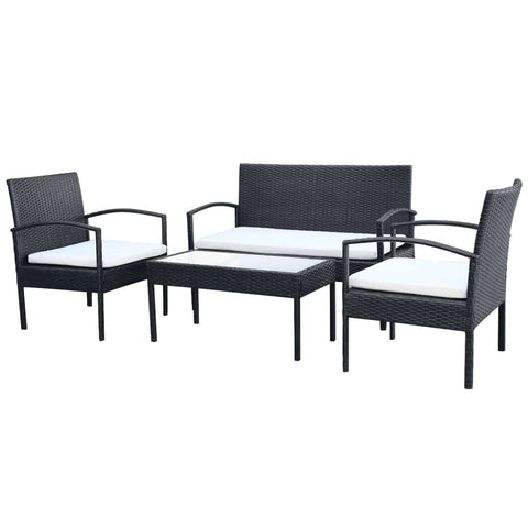 vidaXL-Patio-Lounge-Set-4-Piece-Weather-Resistant-Poly-Rattan-Black-with-Cream-White-Cushions-Sturdy-Steel-Frame-Includes-Sofa-Two-Armchairs-and-Coffee-Table