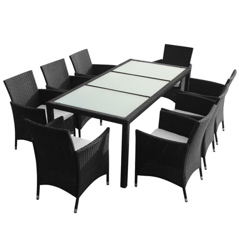 vidaXL 9 Piece Patio Dining Set with Cushions Poly Rattan Black - Elegant Table and Chairs Set for Garden or Patio, Easy to Assemble