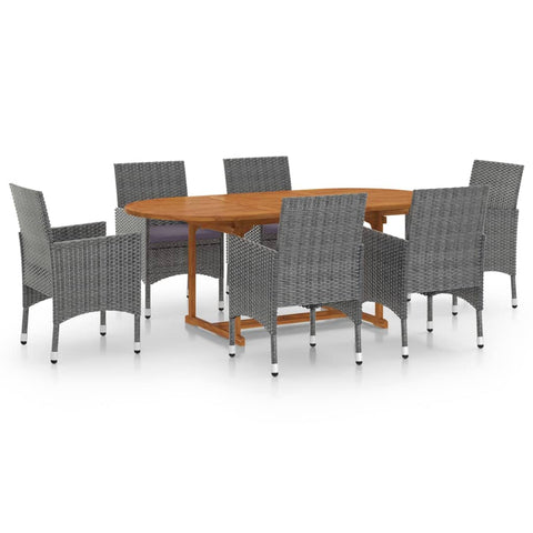 vidaXL 7 Piece Garden Dining Set Grey Poly Rattan with Solid Acacia Wood Outdoor Table and Chair Comfortable Cushions for Up to 6 People Furniture Chairs Sets Tables Patio Weather Resistant