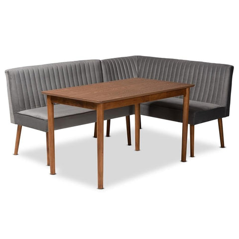Baxton Studio Alvis Gray Velvet and Brown Wood 3-Piece Dining Nook Set