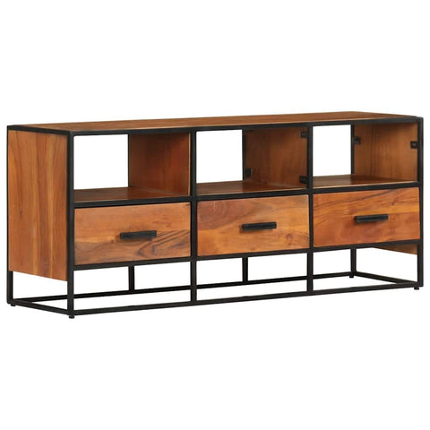 vidaXL Solid Acacia Wood TV Stand with Honey Finish - ic and Industrial Charm, Ample Storage with 3 Drawers & Shelves - Strong Powder-Coated Iron Frame.
