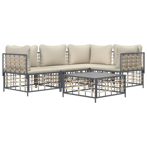 vidaXL 5-Piece Outdoors Patio Lounge Set - Weather-Resistant Anthracite Poly Rattan, Comfortable Corner & Middle Sofas - Sturdy Tabletop - Modular Design - Beige Cushions.