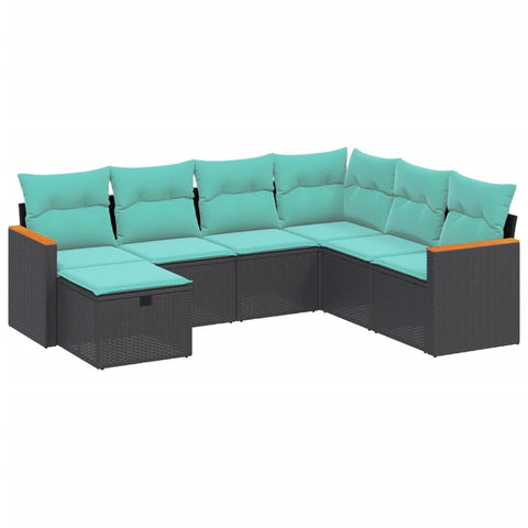 vidaXL Patio Sofa Set with Cushions, 7-Piece Black Poly Rattan Outdoor Furniture, Modular Design, Padded Blue Cushions, Weather-