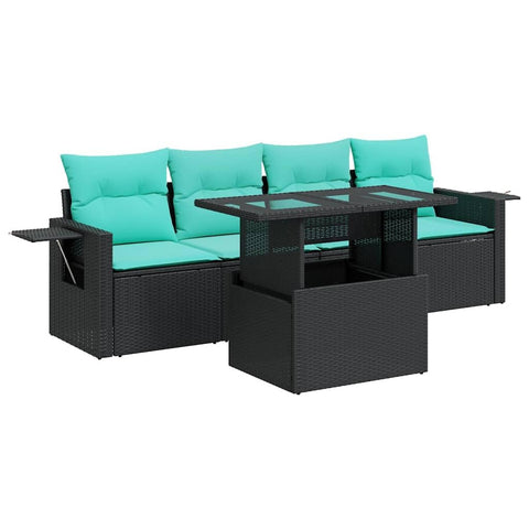 vidaXL 5 Piece Patio Sofa Set with Cushions Black Poly Rattan Acacia, Garden Sofa Set, Garden Lounge Set, Poly Rattan Sofa Set, Outdoor Sofa Set